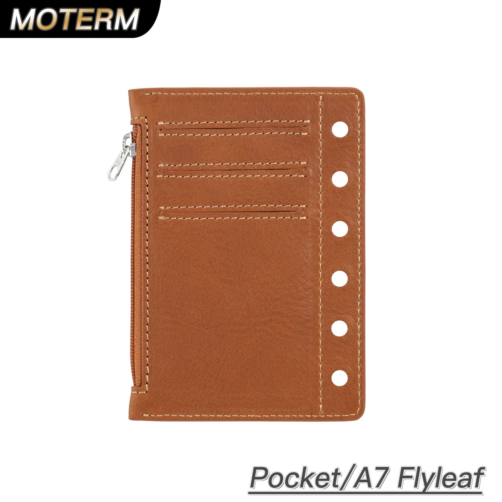 Moterm Zipper Flyleaf for Pocket A7 Size Ring Planner Vegetable tanned Leather Divider Coin Storage Bag Notebook Accessory