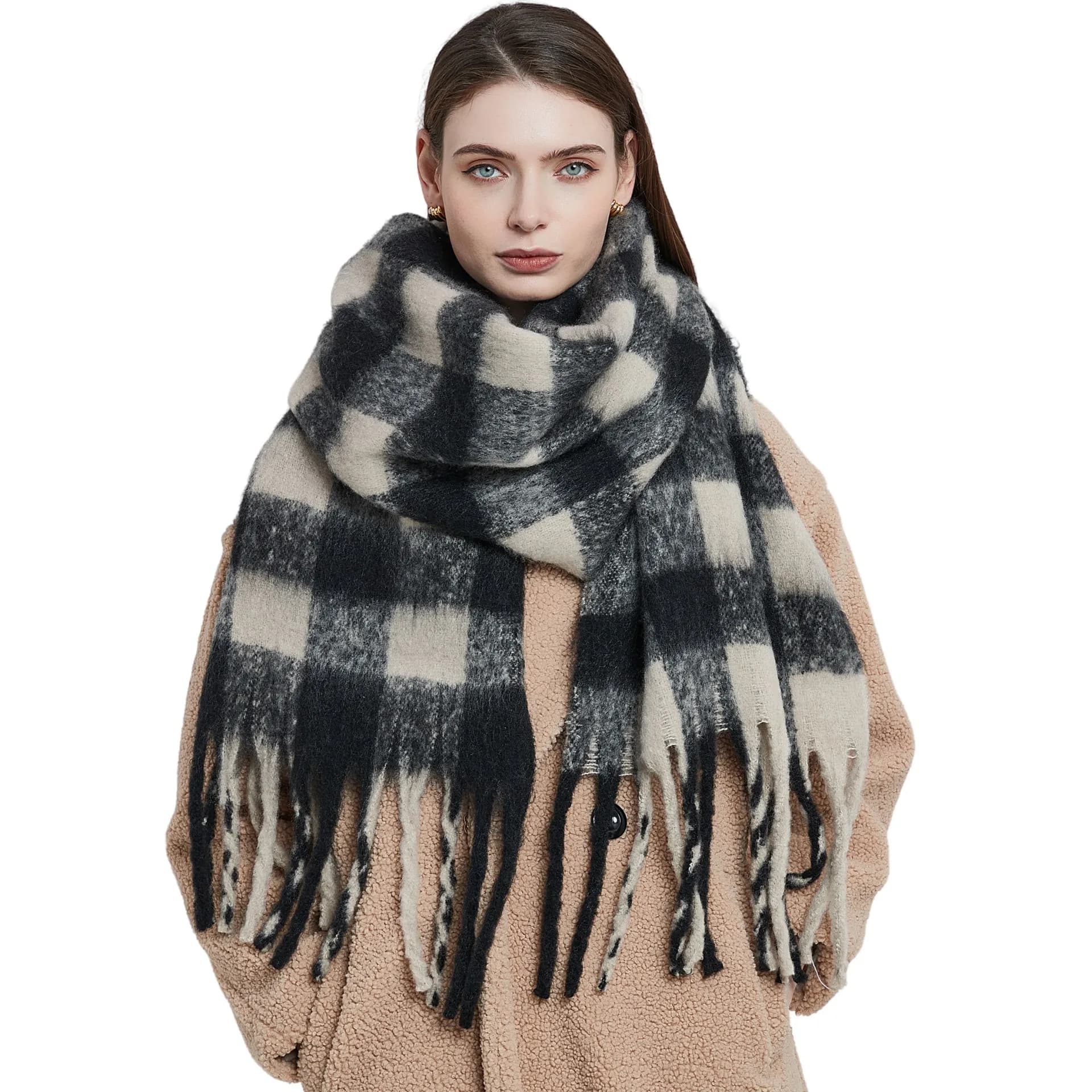 Sciarpa Spessa con Nappe da Donna, Sciarpa Invernale alla Moda Bianca e Nera, Pashmina Grande Calda e Accogliente, Coprispalle e Scaldacollo