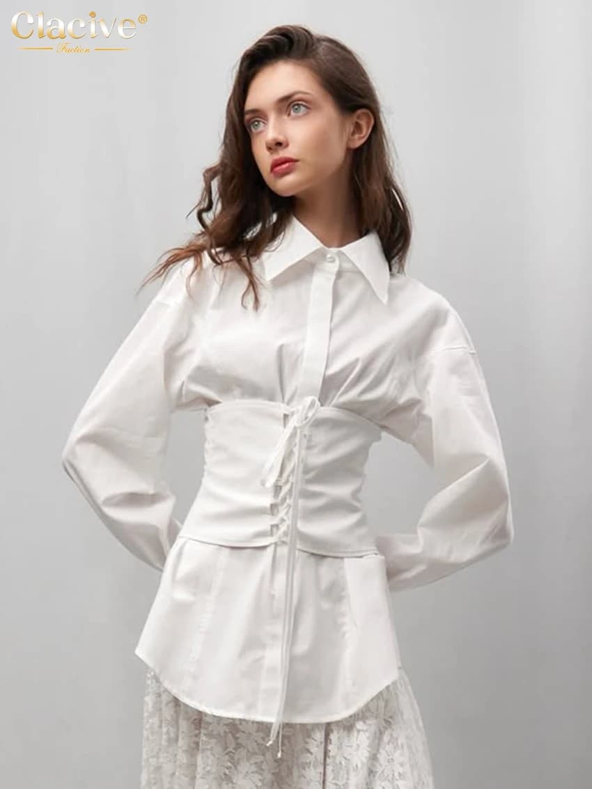 Camicia Elegante da Donna Clacive in Cotone Bianco Slim Fit, Colletto a Risvolto, Manica Lunga, Blusa con Corsetto a Fascia, Abbigliamento Femminile Autunno 2026