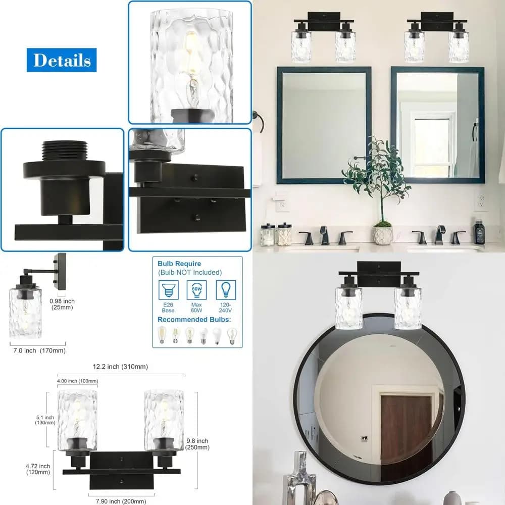 Applique da Parete Contemporanea a 2 Luci Nera Opaca con Vetro Trasparente Martellato per Specchi da Bagno e Bagni Pubblici