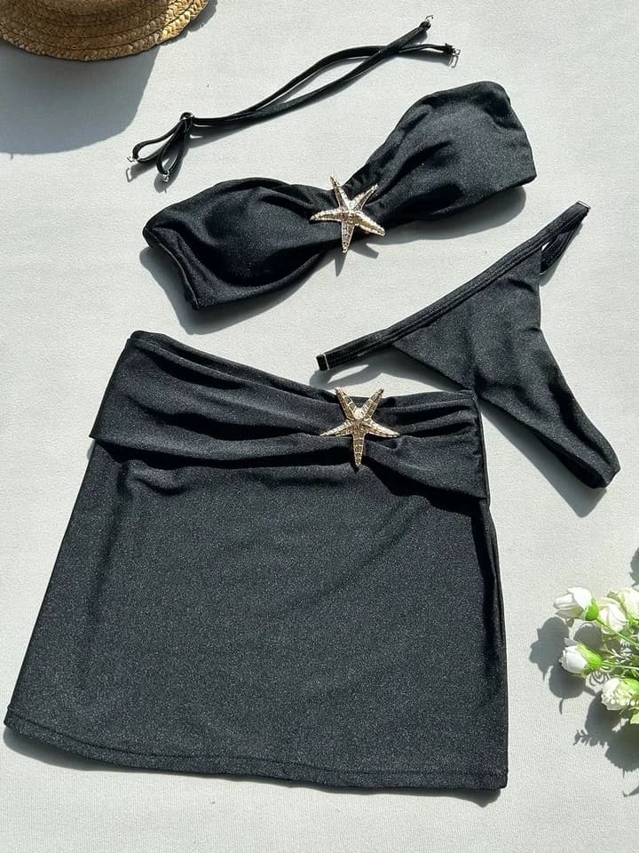 Set Bikini Donna Sexy Tinta Unita 3 Pezzi con Decorazione Stella Marina, Gonna da Spiaggia, Perizoma e Bretelle Staccabili - Nuovo 2025