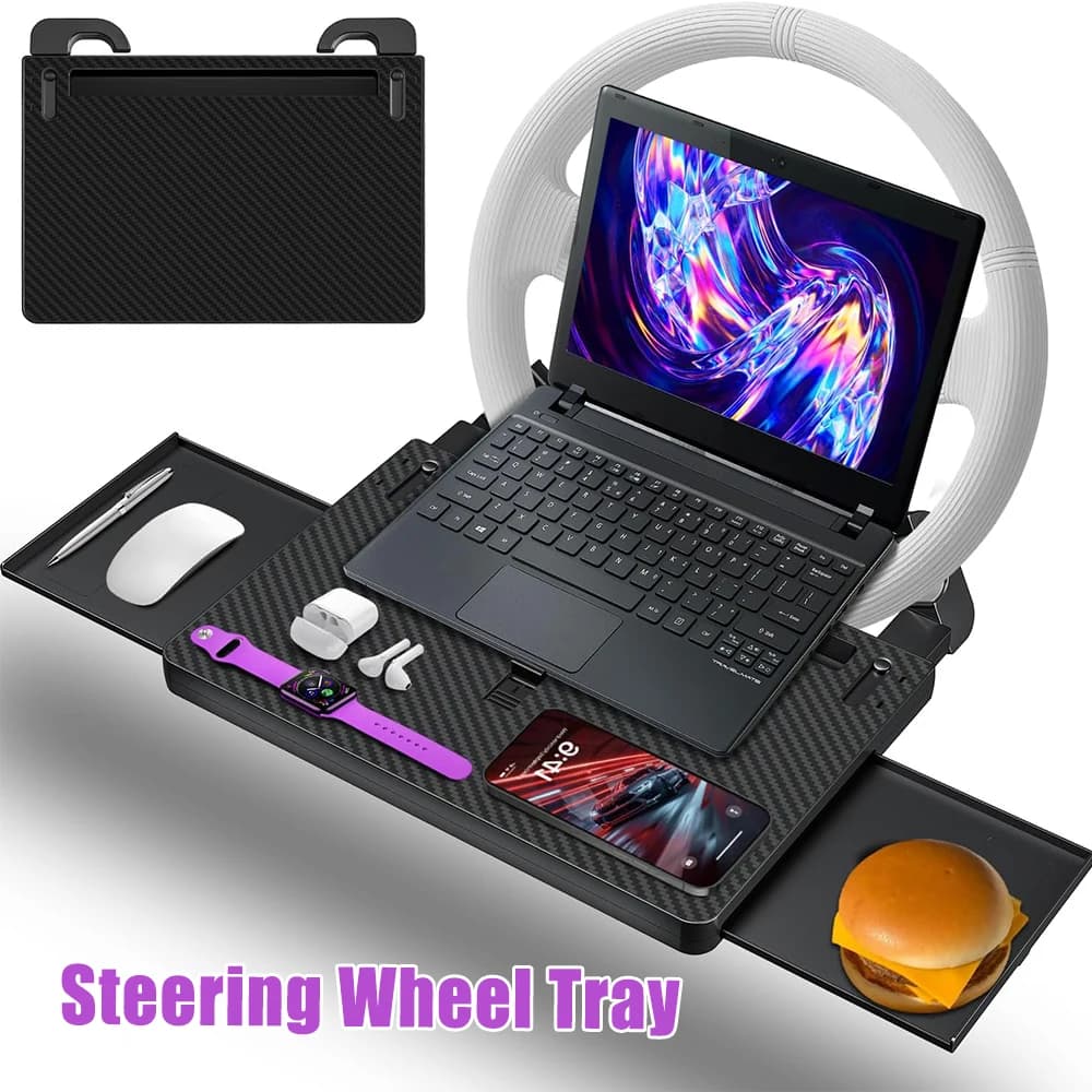 Steering Wheel Tray Table Expandable Space Saving Easy Install Car Desk for Tablet Laptop Stand Convenient Storage Work Dining