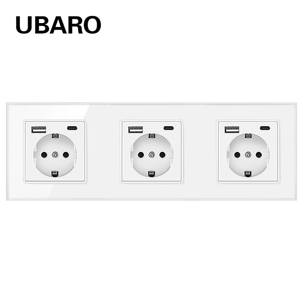UBARO Presa tripla tipo C con USB Pannello in vetro temperato cristallo bianco nero Presa di corrente UE Russia Spina 100-250 V 16A per la casa