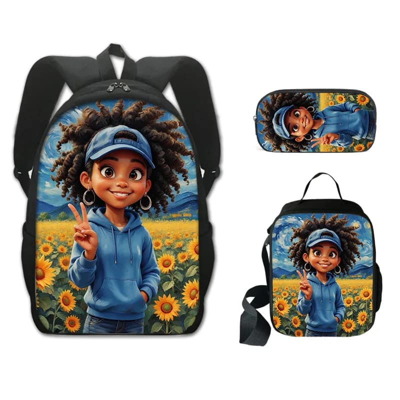 Classic Popular Funny African Black Girl 3D Print 3pcs/Set pupil School Bags Laptop Daypack Backpack Lunch bag Pencil Case