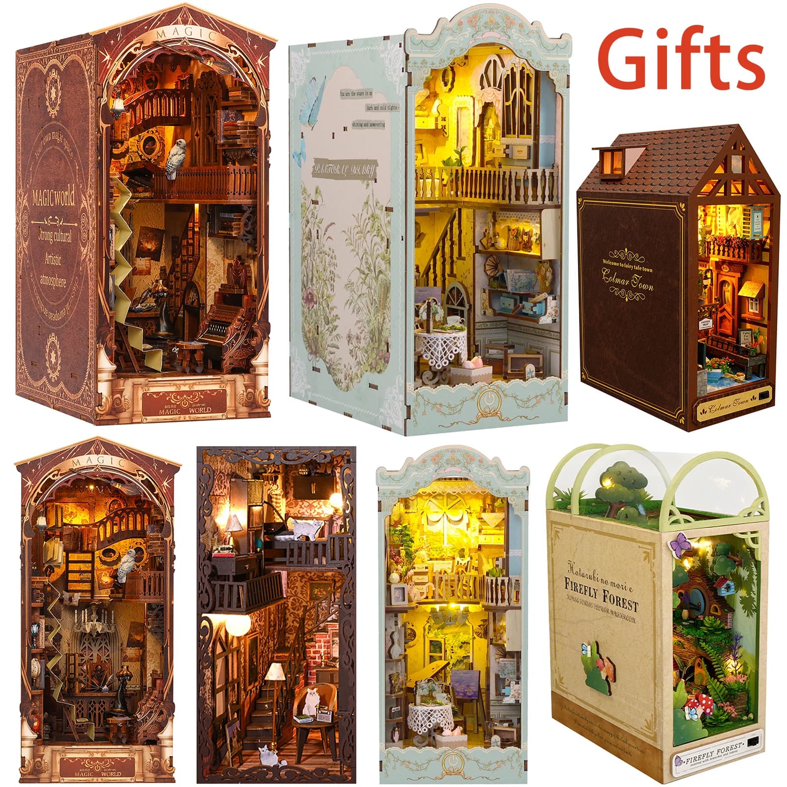Nuove miniature di angolo di libri fai-da-te Inserto per scaffale Kit di costruzione di modelli di casa delle bambole Scaffale in legno Fermalibri Decorazione della casa Regali di Capodanno