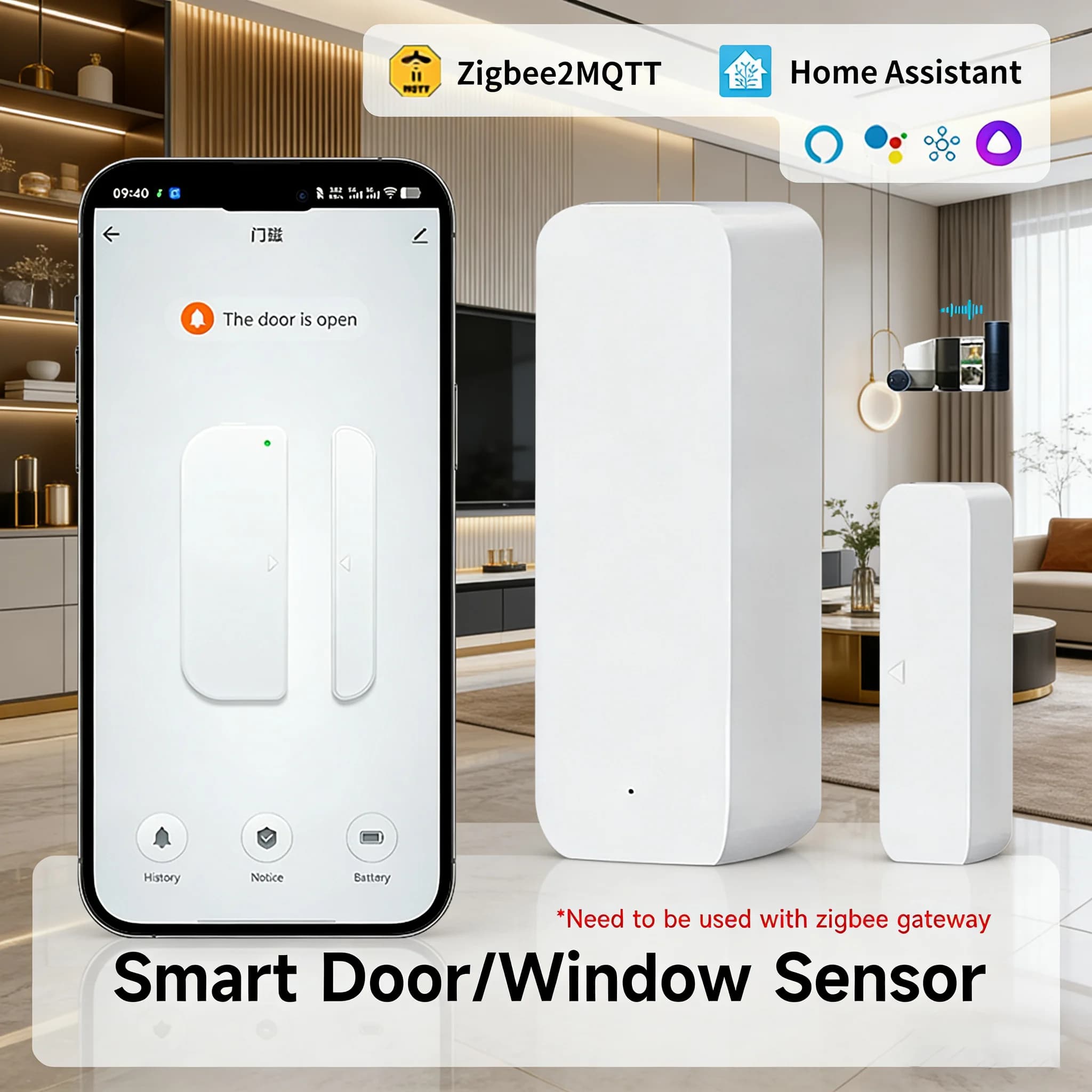 Sensore wireless Zigbee 3.0 per porte e finestre, rilevatore di allarme di sicurezza Tuya, compatibile con Home Assistant, Alexa, ZHA, Zigbee2MQTT