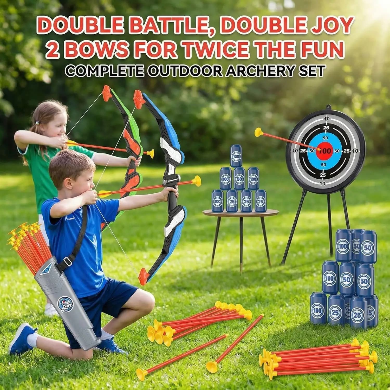 2 Pack Kids Bow Arrow Archery Set Suction Cup Arrows Target Quiver Shooting Cans Indoor Outdoor Yard Toy Gifts Boys Girls 3-12