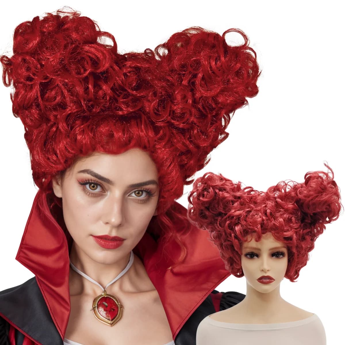 Parrucca sintetica corta riccia Red Queen con due panini resistenti al calore per donne e ragazze, cosplay, festa di Natale di Halloween