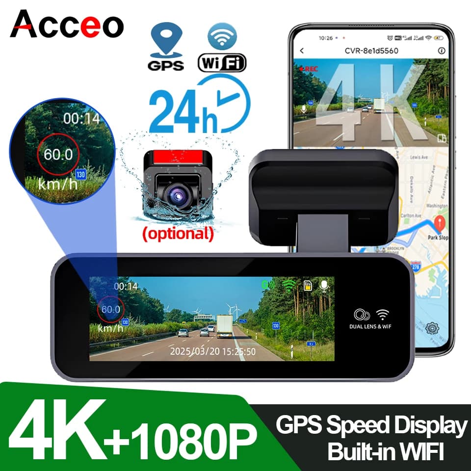 ACCEO B63 4K Dashcam Buiil-in WIFI Video Recorder Night Vision 1080P Car Rear Camera DVR Car Support GPS Double lens Parking 24 hours
