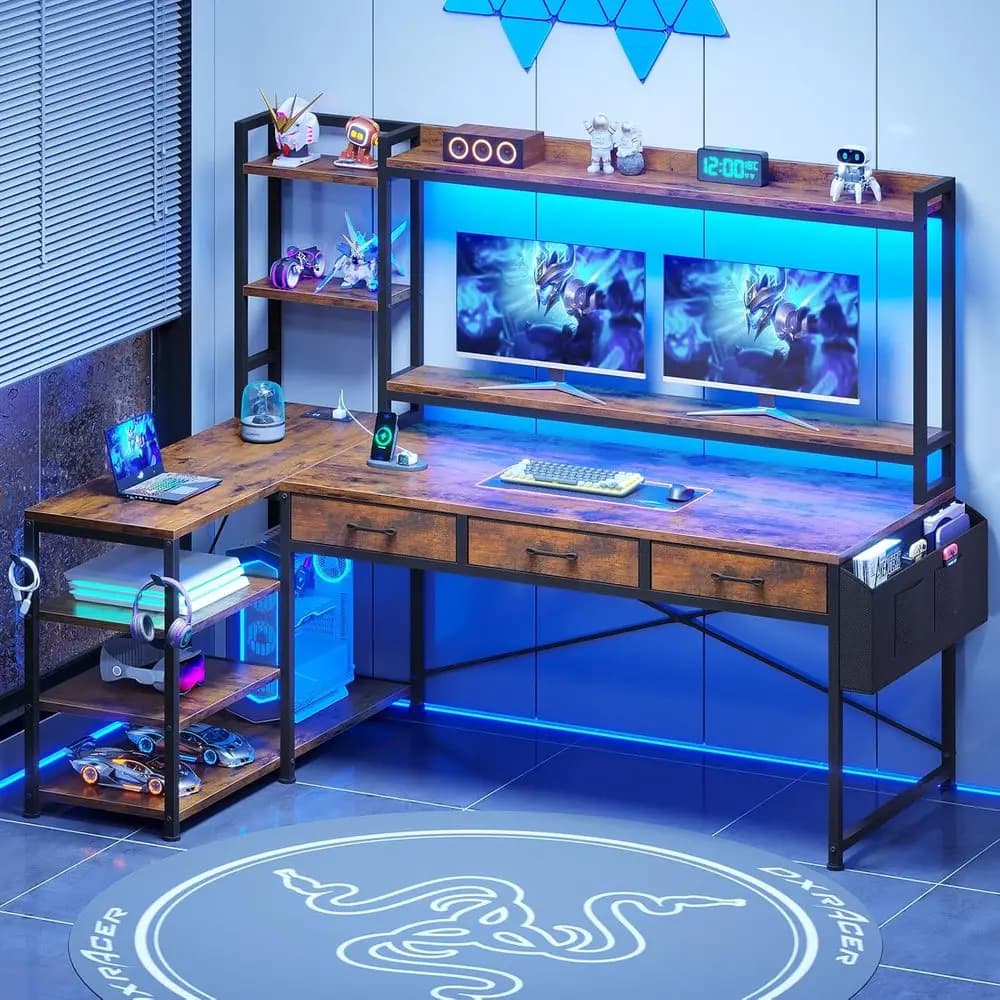 Scrivania a L da 55 pollici con mobiletto superiore, spazio contenitivo, luci LED, presa multipla e supporto per monitor - Marrone Rustico