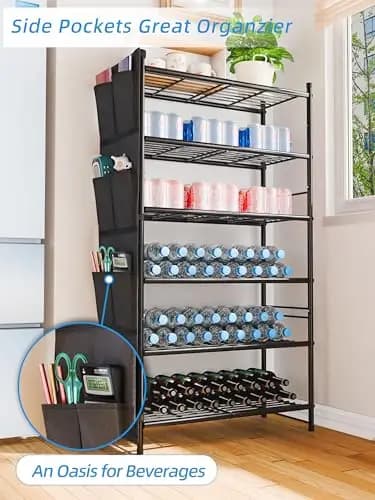 Black 6-Shelf Metal Wire Storage Unit With Side Organizer Pockets For Closet And Hallway Use