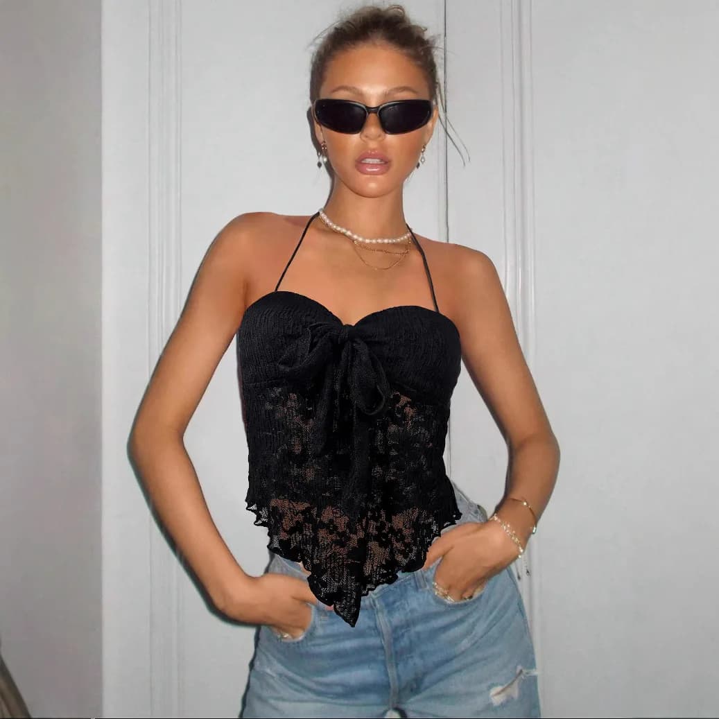 Sexy Lace Crop Top Strapless V-Neck Sleeveless Neck Hanging Women's Slim Fit Summer Fashion Small Vest Eaby Strapless