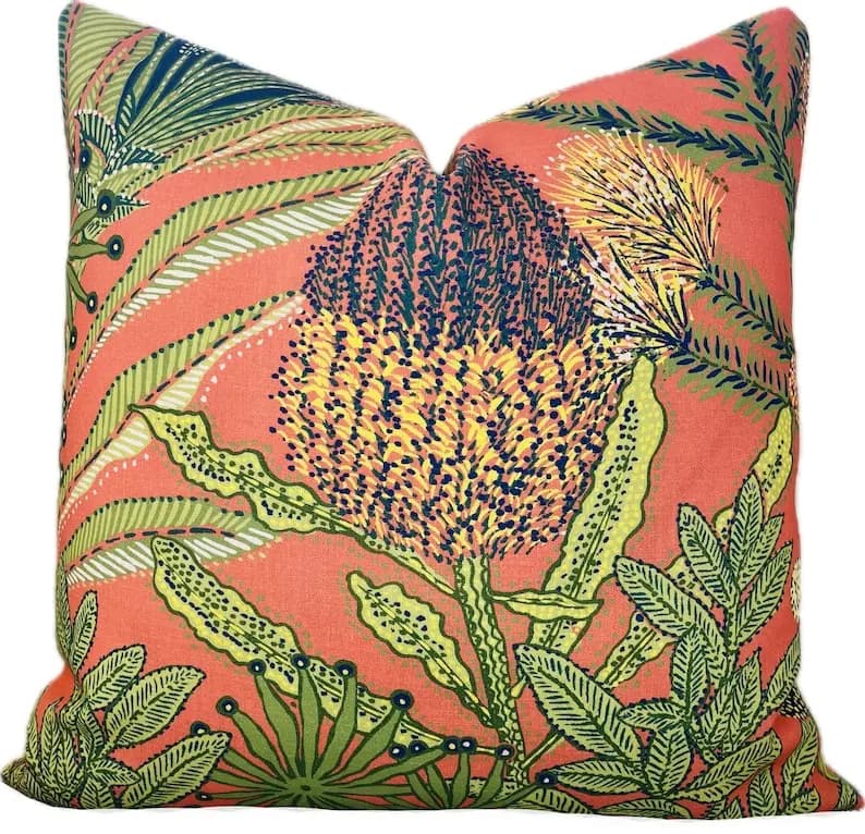Coral OUTDOOR Cover Pillow Cover,Orange & Green Tropical Leaf Throw Pillow Cover, Bold Coastal Accent Pillow Cover for Home Decor