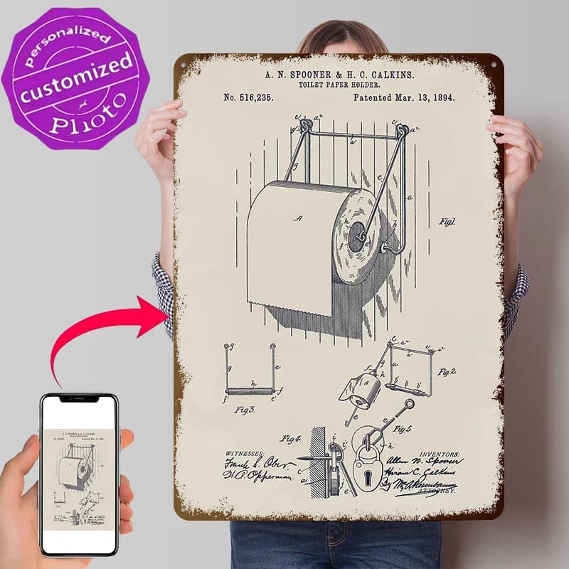 Toilet Paper Holder Patent 3D Printed Texture Poster Personalized Wall Art Retro Metal Tin Signs for Room Decoration Items Decor