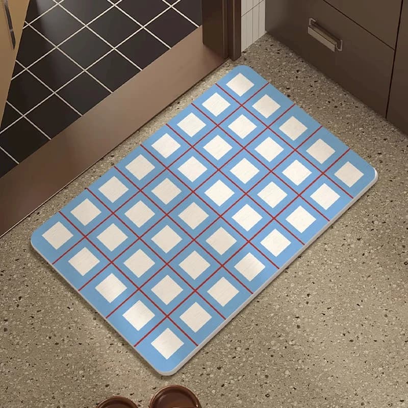 VIKAMA Bath Mat Retro Blue White Checkerboard Doormat Non‑Slip Quick Dry Absorbent Bathroom Shower Entry Indoor Home Floor Decor