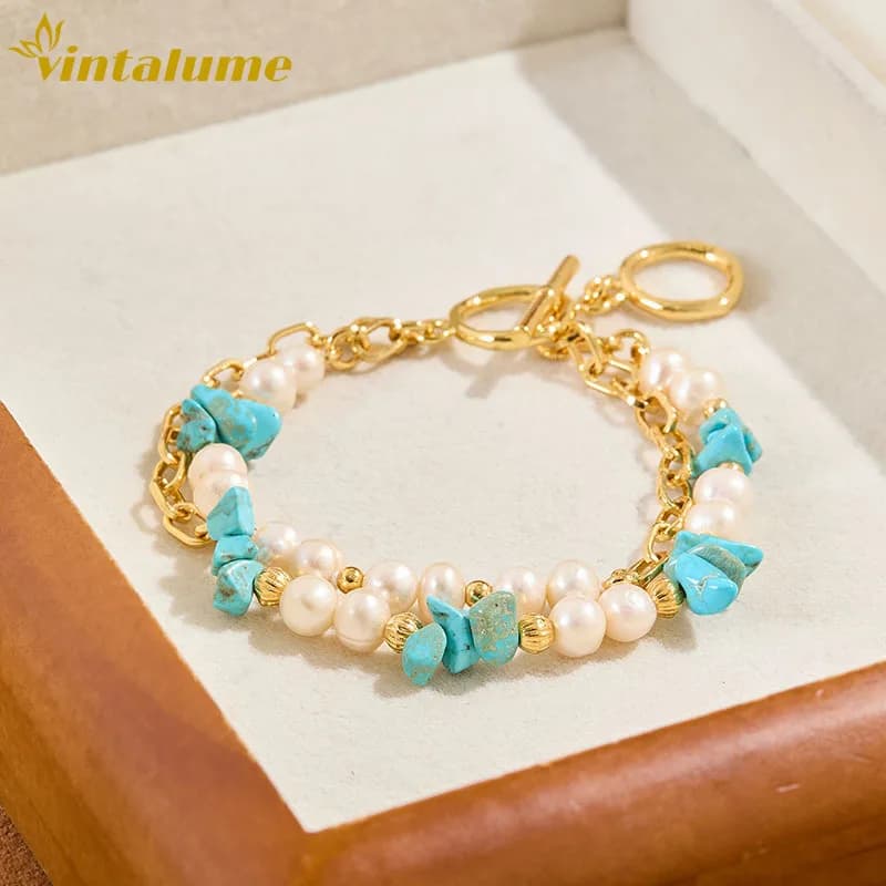 Bracciale a doppio strato Vintalume Boho con turchese e perle d'acqua dolce per donna, gioiello vintage di lusso con perline, idea regalo.