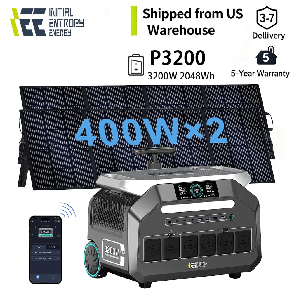 IEE 2 Pannelli Solari da 400W + Stazione di Alimentazione Solare Portatile da 3200W 2048Wh P3200 con Controllo APP, Powerbank Off-grid, Batteria Esterna