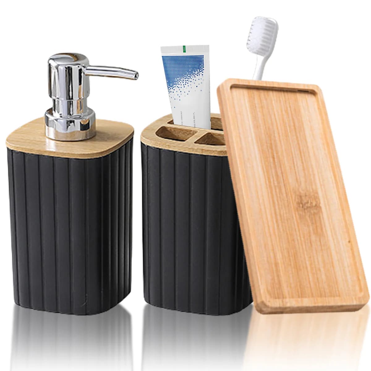 Set di accessori per il bagno nero opaco 3 pezzi Set di portaspazzolino e vassoio per Dispenser per pompa di sapone per lozione da appoggio