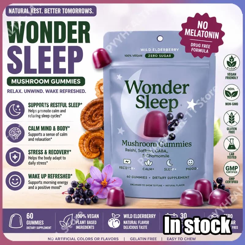 WonderSleep Gummies ai Funghi per il Sonno Senza Melatonina con Super Funghi Reishi, 60 Pezzi