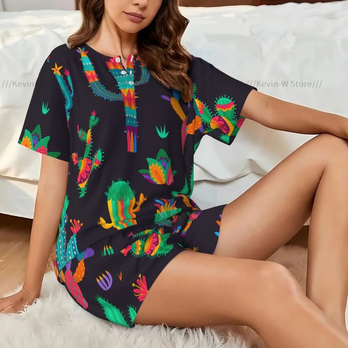 Pigiama da donna in due pezzi girocollo a maniche corte T-shirt set pigiama casual per la casa con fiori di cactus messicano
