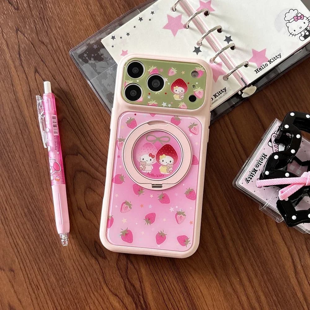 Ciondolo alla Moda Sanrio Hello Kitty con Fiocco a Fragola 360 ° Custodia per telefono con supporto girevole e anello per iPhone 17 16 15 Pro Max