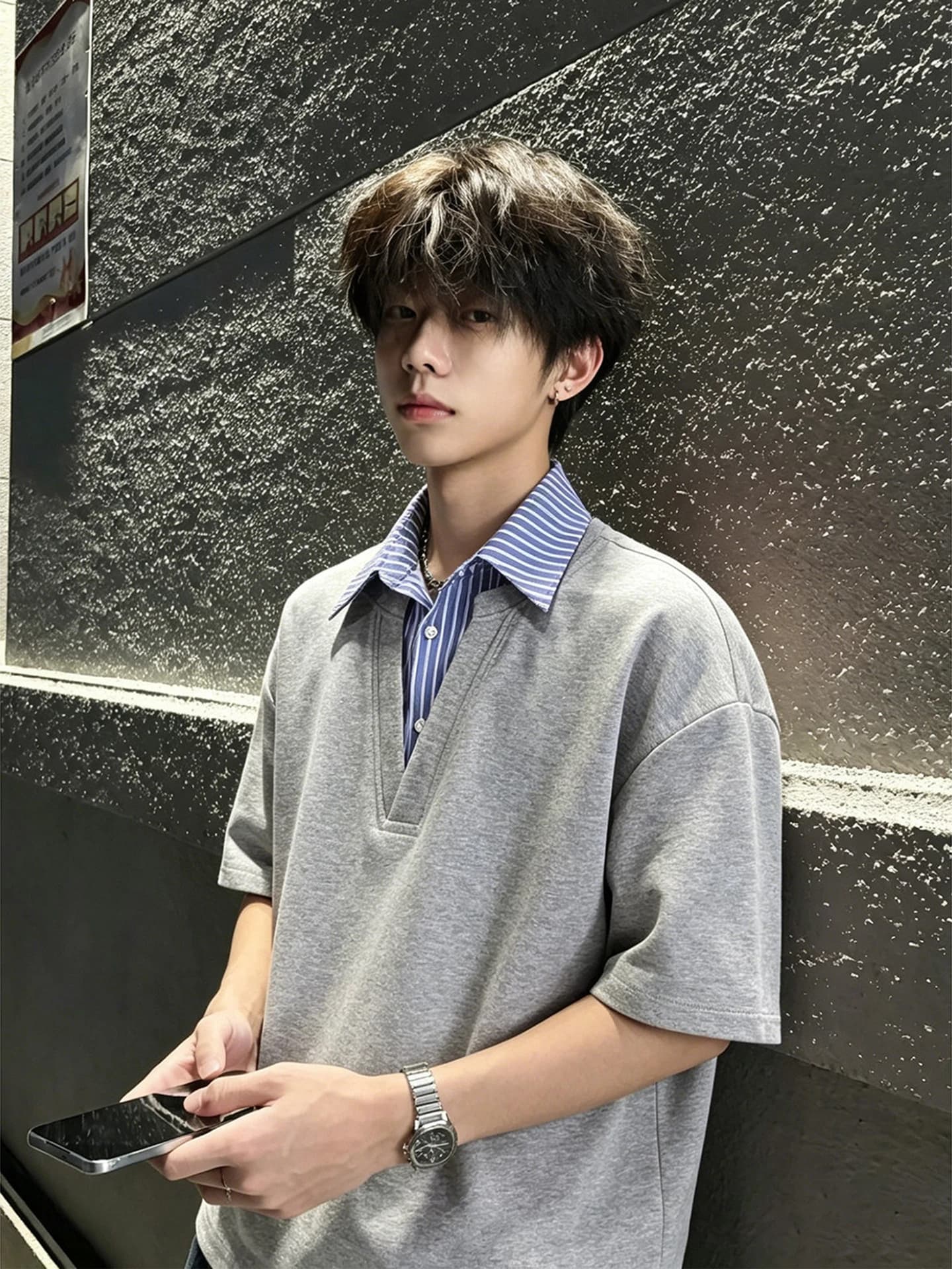Gray Shirt Short Sleeve Men's Style Summer American High Street Handsome Shirt Collar Patchwork T-Shirt Two-Piece Appear...