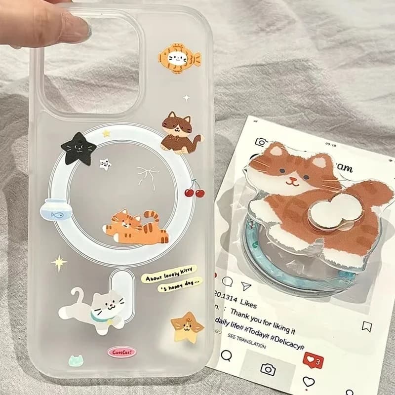 Simple cartoon funny cute cat for Magsafe phone case with wireless charging for iPhone 11 12 13 14 15 16 17 Air Pro Max Plus Y2K Cover