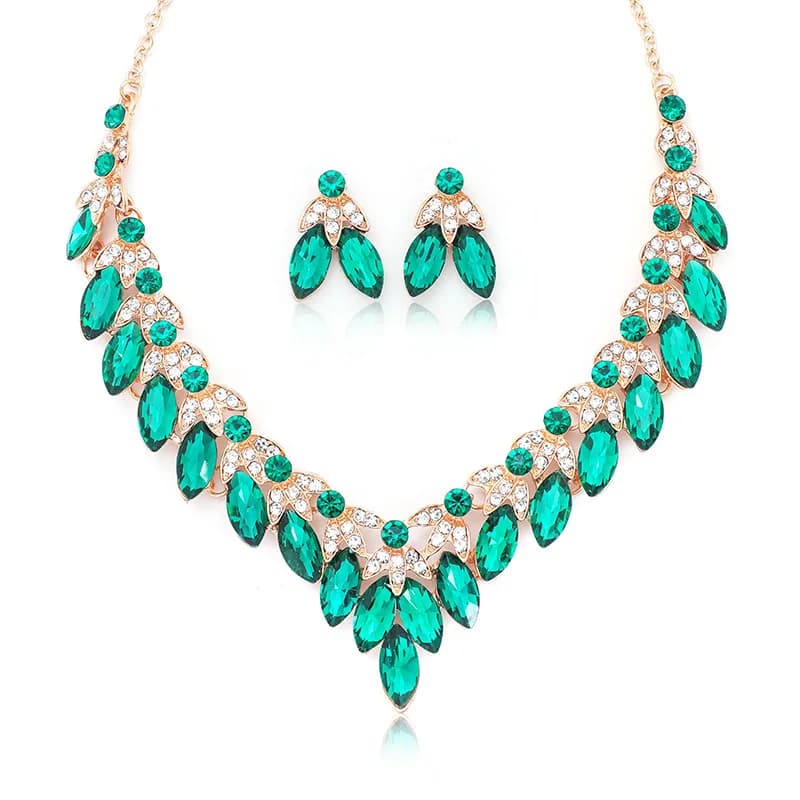 Set di Collana e Orecchini con Pendente a Foglia in Vetro e Strass, Semplice ed Elegante, Adatto per Abiti da Cerimonia e Accessori di Gioielleria per Signore