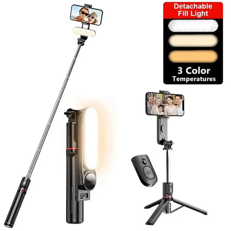 Treppiedi pieghevoli per selfie stick con telecomando Bluetooth 360 ° Luce di riempimento a LED regolabile con rotazione per video del telefono cellulare dal vivo