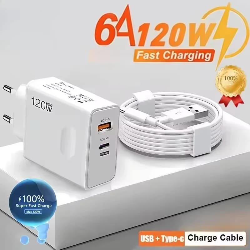 2 in 1 120W Charger Fast Charging Mobile Phone Charger USB Type C Quick Charge Wall Adapter EU US Plug for iPhone Xiaomi Samsung