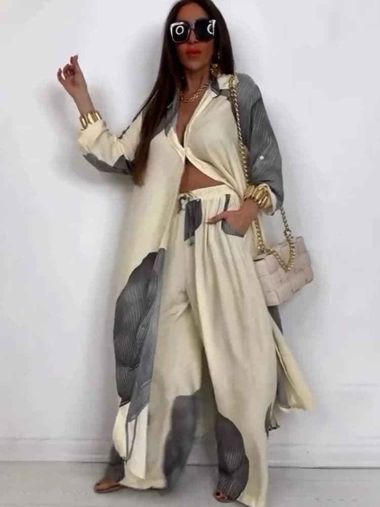 Wmstar Two Piece Set Women Wholesale Elegant Sexy Printed Mid Length Top Wide Leg Pants Spring 2025 for Foreign Trade Sets