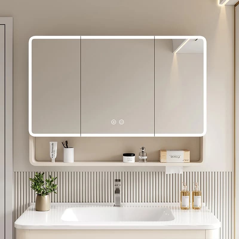 Armadietto a specchio per bagno intelligente ad arco, scatola a specchio separata, armadietto portaoggetti integrato a parete per bagno, porta in vetro con luce