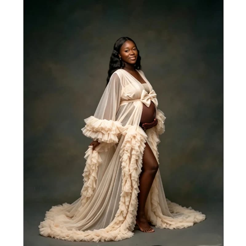 Sheer Tiered Ruffle Tulle Photoshoot Robe, Big Bow Waist Long Train Mesh Cover Up Gown, Tie Waist Flowy for Wedding Maternity