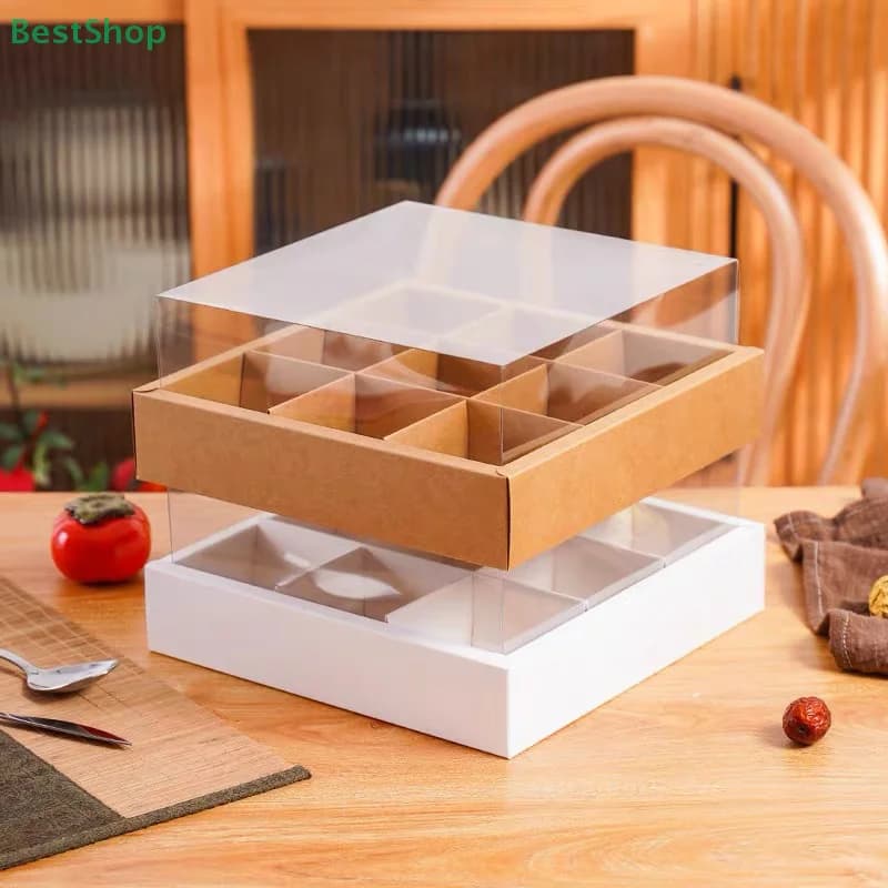 ♥Disposable Kraft Paper Square Dessert Display Box With Clear Lid Divided Food Storage Container for Cookies, Candies Bakery