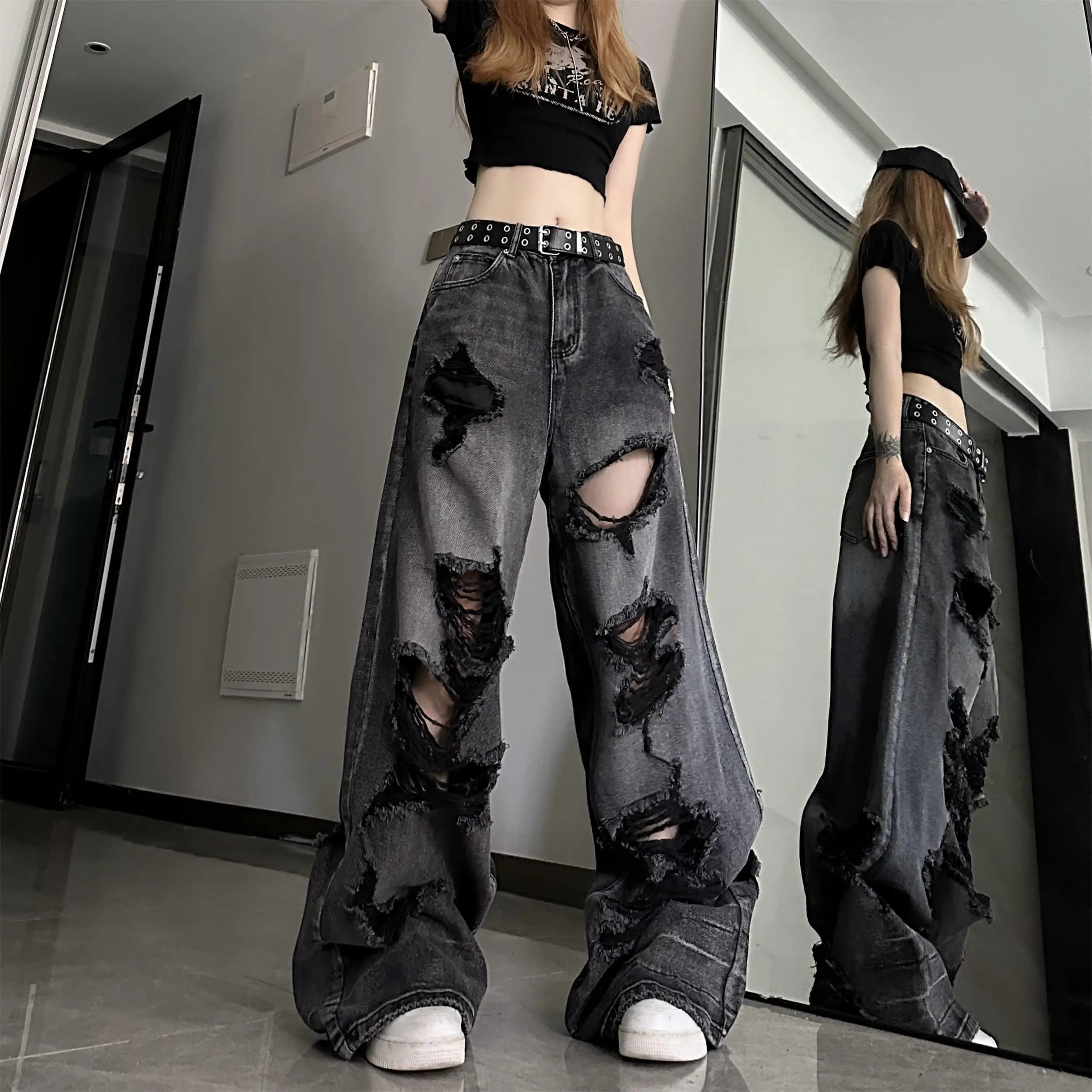 Jeans strappati High Street per uomo e donna in estate Pantaloni larghi larghi, slim e versatili, pantaloni lavati e invecchiati