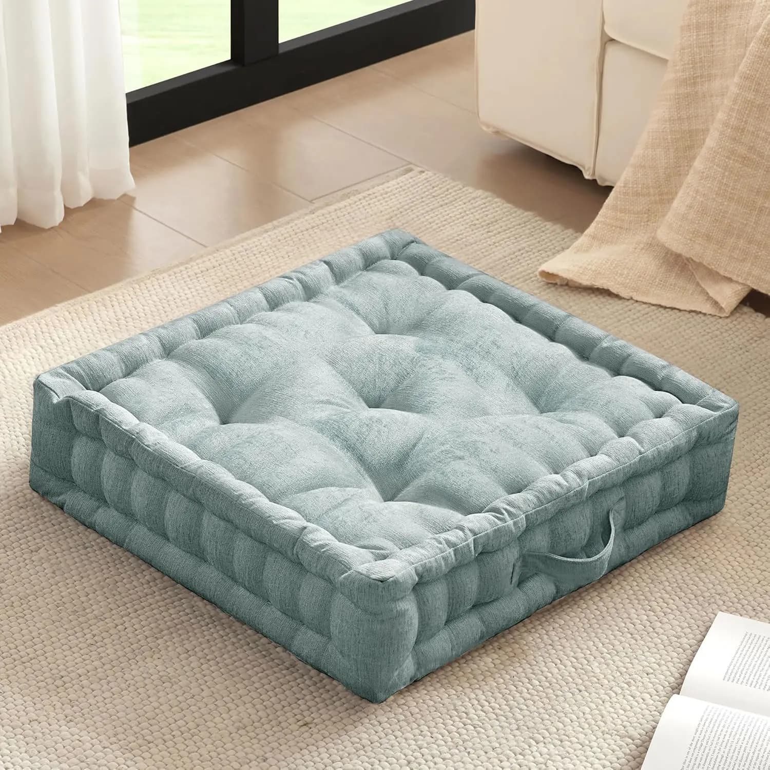Large Floor Pillow for Adults Yoga Meditation Cushion with Handle, Tufted Chenille Scalloped Edge, 24x24x5 Inch Aqua