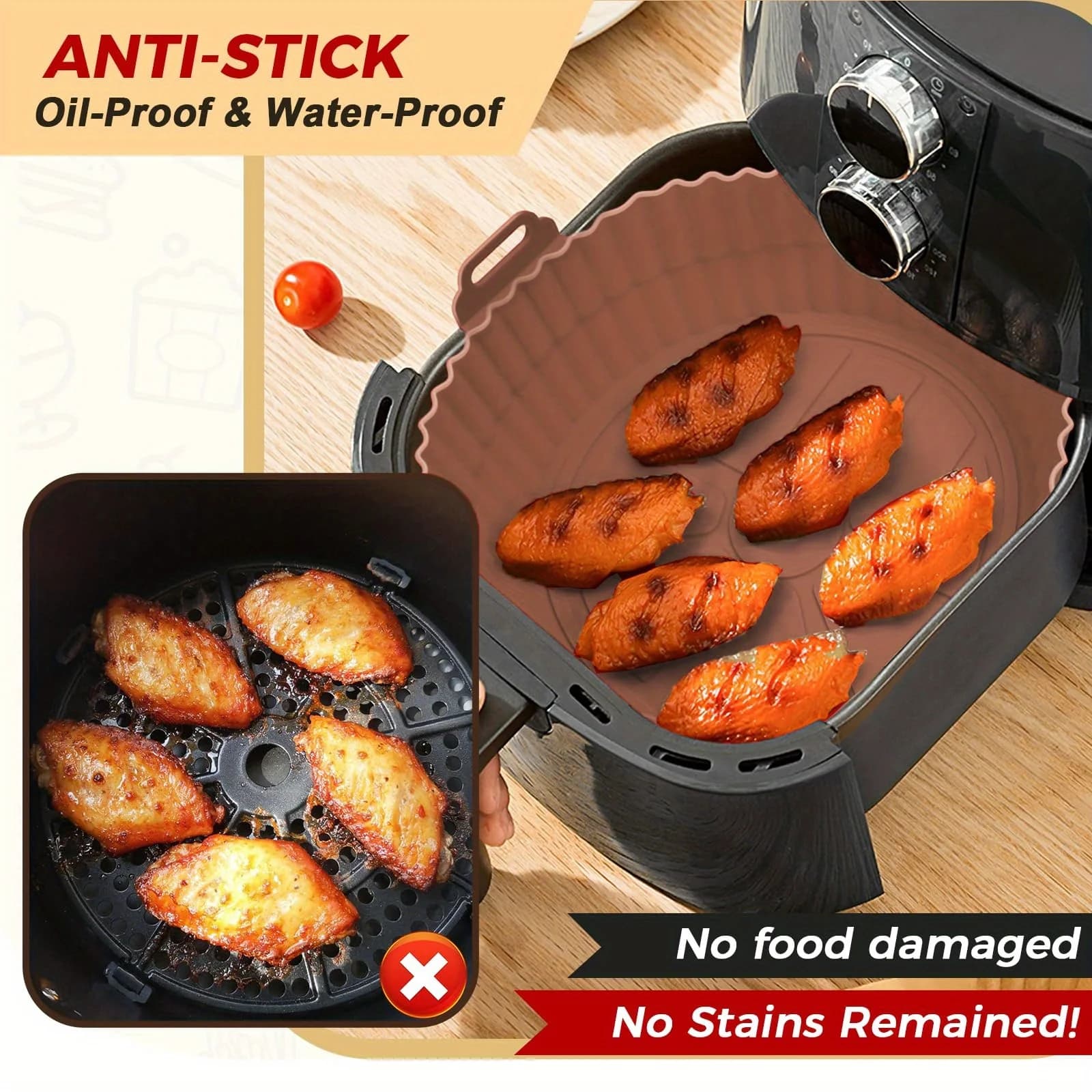 6PC Air Fryer Mats - 450°F Silicone Non-Stick Dual Texture Dishwasher Safe Crispy/Steam Cooking Cooking Baking Accessories