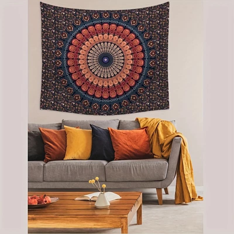 Mandala Tapestry Wall Hanging - Striped Knit Polyester, Fashion Theme Mandala Art, Transverse Orientation, Electricity-Free Deco