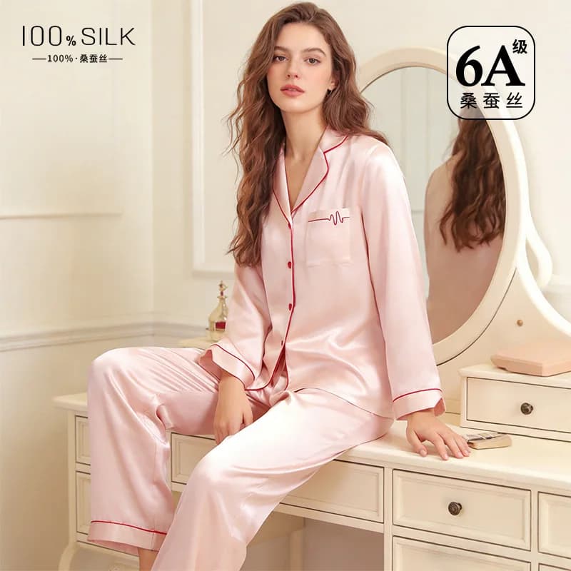2026 Autumn Women Pajamas,100% Mulberry Silk Simple Casual Loungewear Set Wearable Outside