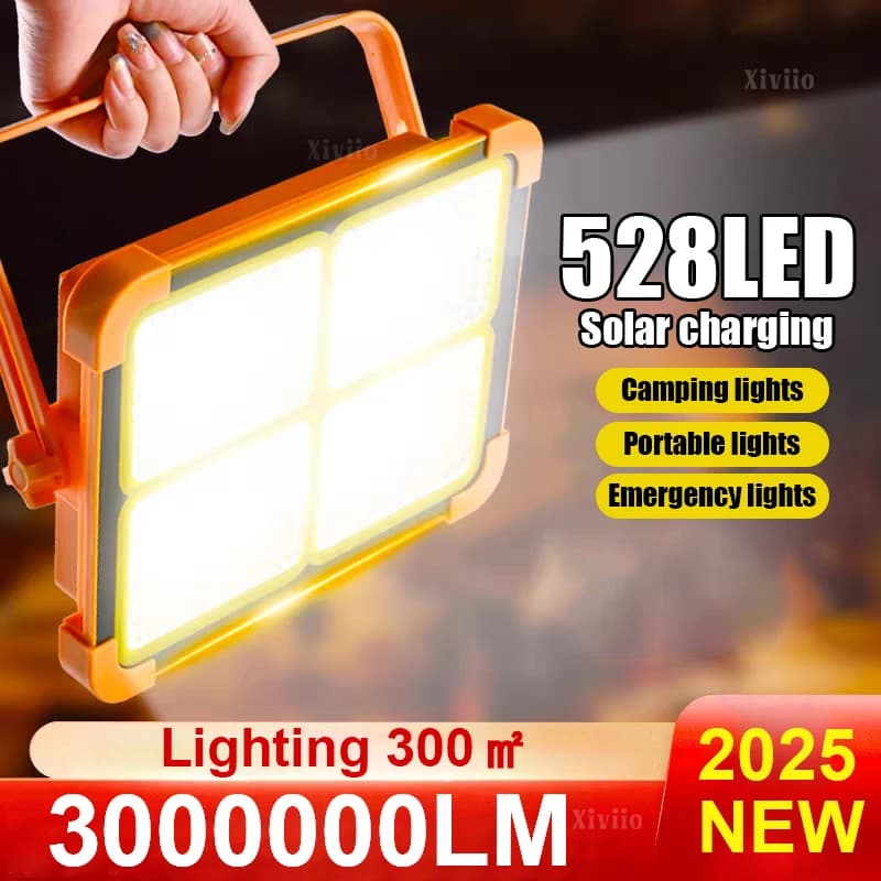 Faro Solare 528 LED Ricaricabile IP66 Impermeabile Portatile per Tenda da Campeggio con Power Bank 10000mAh per Illuminazione di Emergenza Esterna