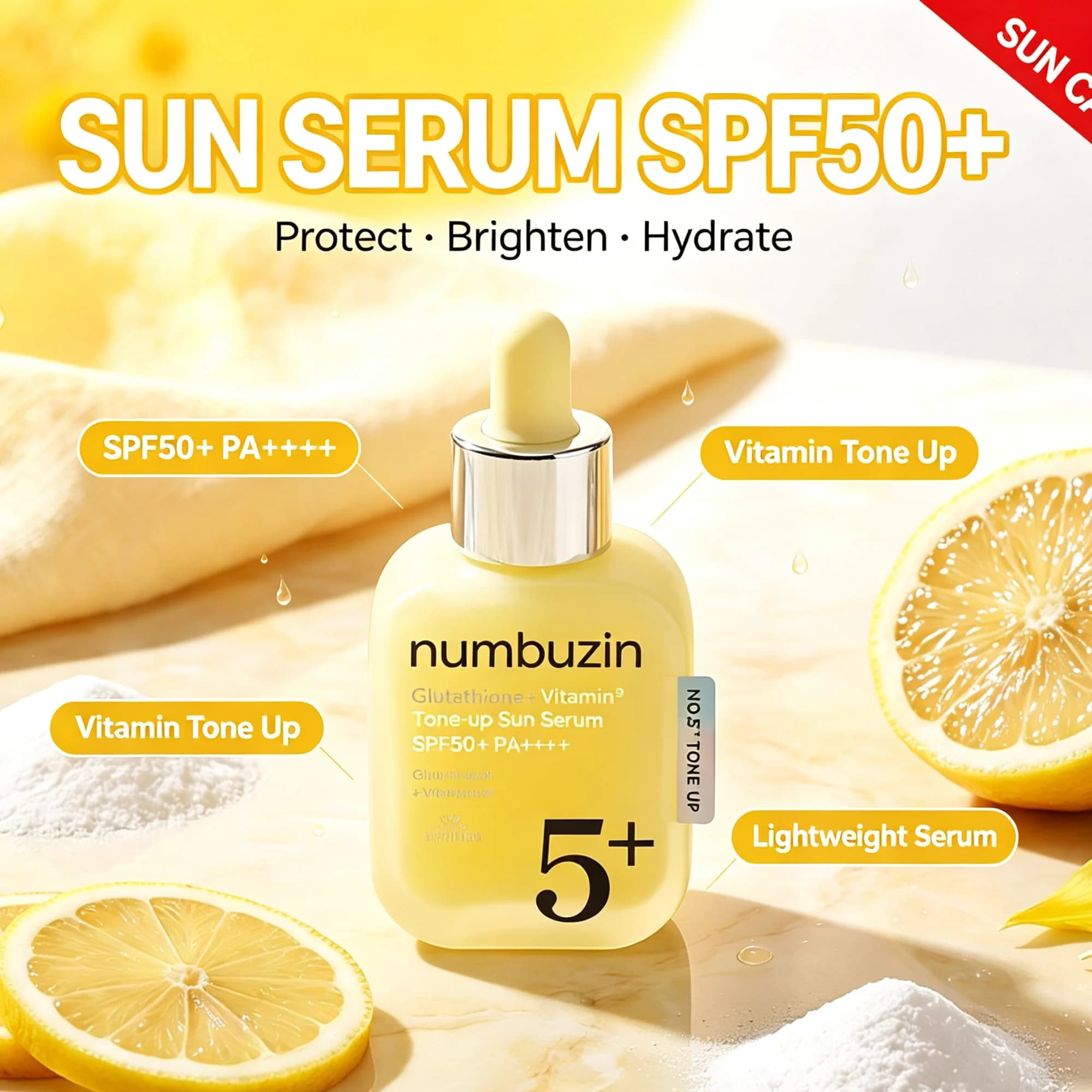 SPF50+ PA++++ Tone‑up Sun Serum 50ml Glutathione Vitamin C Brightening Lightweight Hydrating Sunscreen Serum No Greasy Residue