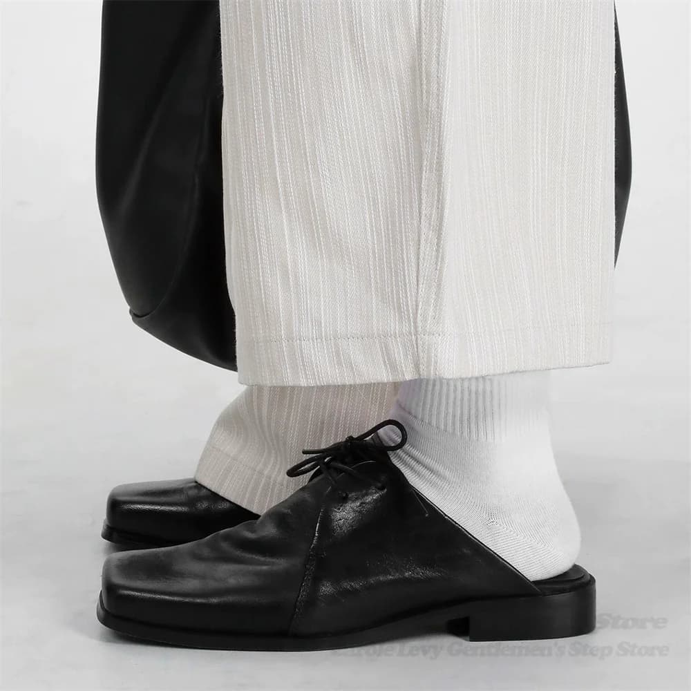 Mules da uomo in pelle lavata con punta quadrata, stringate, con tacco medio, slip-on, per ufficio e lavoro