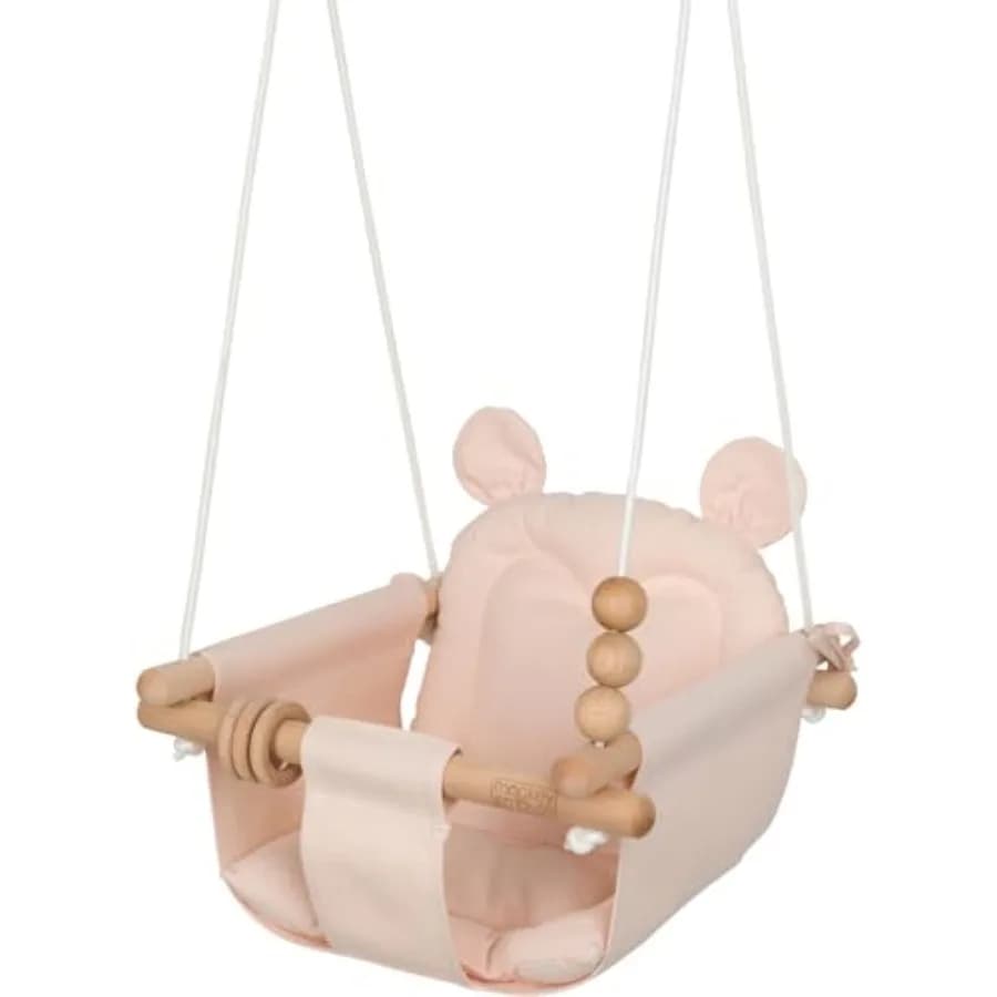Altalena per Bambini Rosa Chiaro, Sedia Sospesa Portatile per Interni ed Esterni - Per Neonati e Bambini da 6 Mesi a 4 Anni, in Tela di Cotone e Legno di Faggio