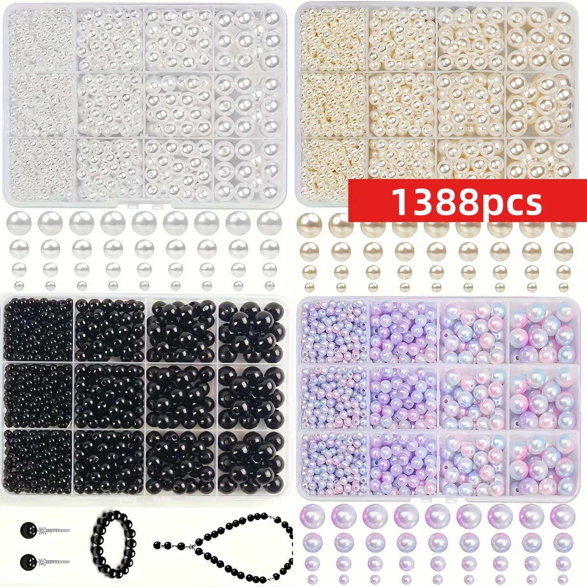 1388 pieces 4/6/8/10mm Black, White and Blue Purple 12 Grills Necklace DIY beads Round colored beads, handcrafted beads, round round
