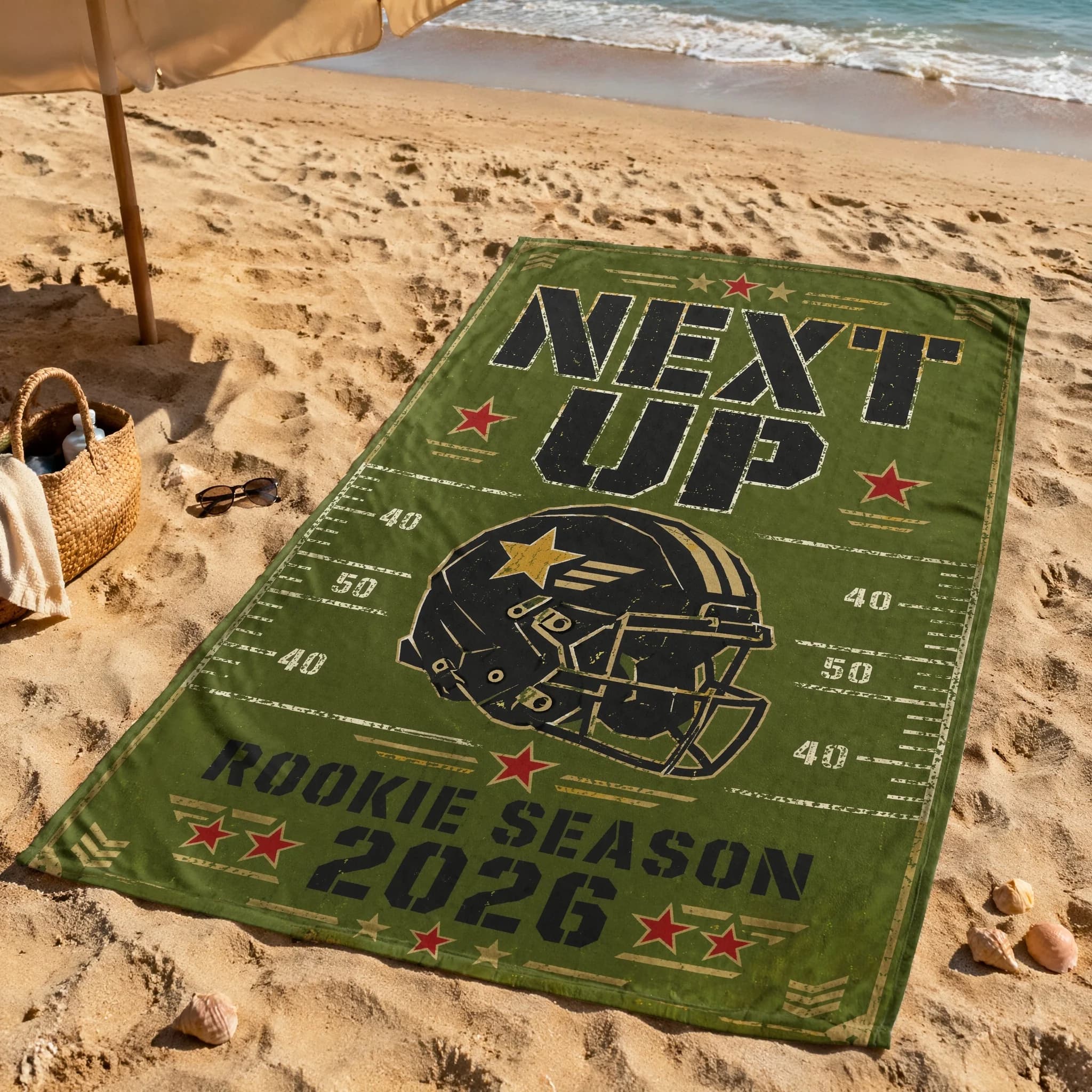 Army Green Rookie Football Retro Print Beach Towel, Suitable For Beach, Swimming Pool, Vacation, Unique Holiday Gift
