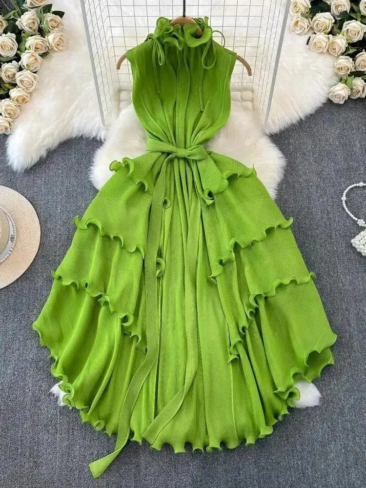 Colletto alla coreana da donna con lacci senza maniche elastico con volant oversize abito da vacanza estiva Miyake pieghettato Boho Robe abiti larghi