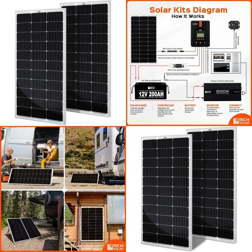 Kit Pannello Solare Monocristallino 200W 12V per Ricarica Batterie ad Alta Efficienza in Applicazioni RV, Camper e Nautiche