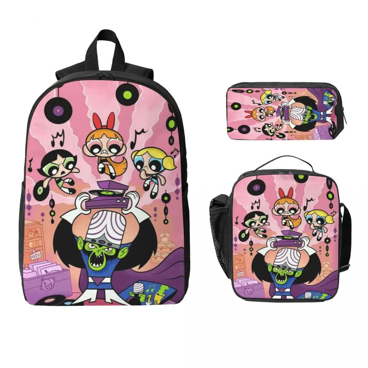 Set di borse da scuola con stampe Powerpuff da 3 pezzi per bambini, matite, set di zaini con scatola per il pranzo, zaino per studenti delle scuole