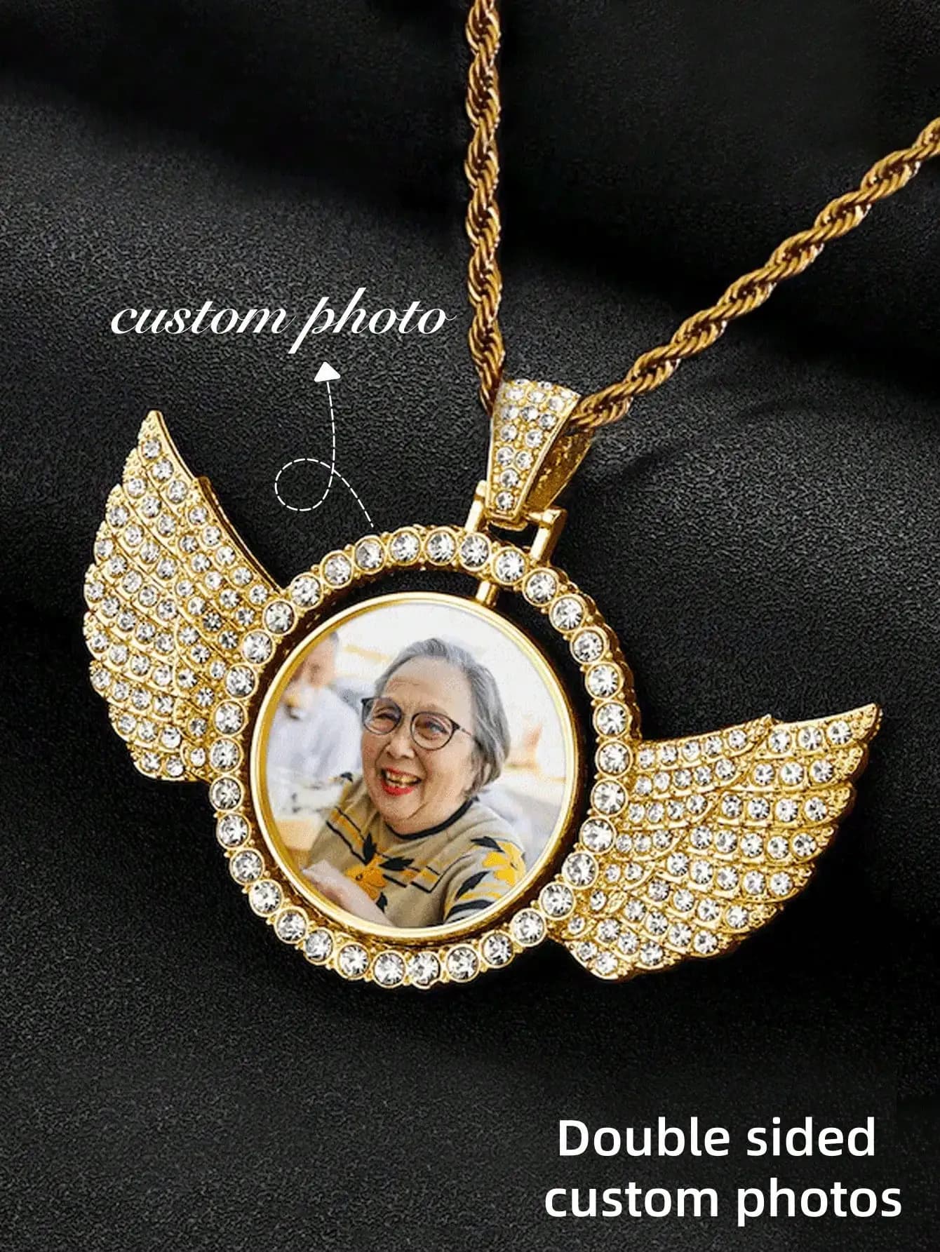 1 personalized photo pendant necklace, custom picture angel wing pendant necklace, unisex sequin gold and silver, fashion retro