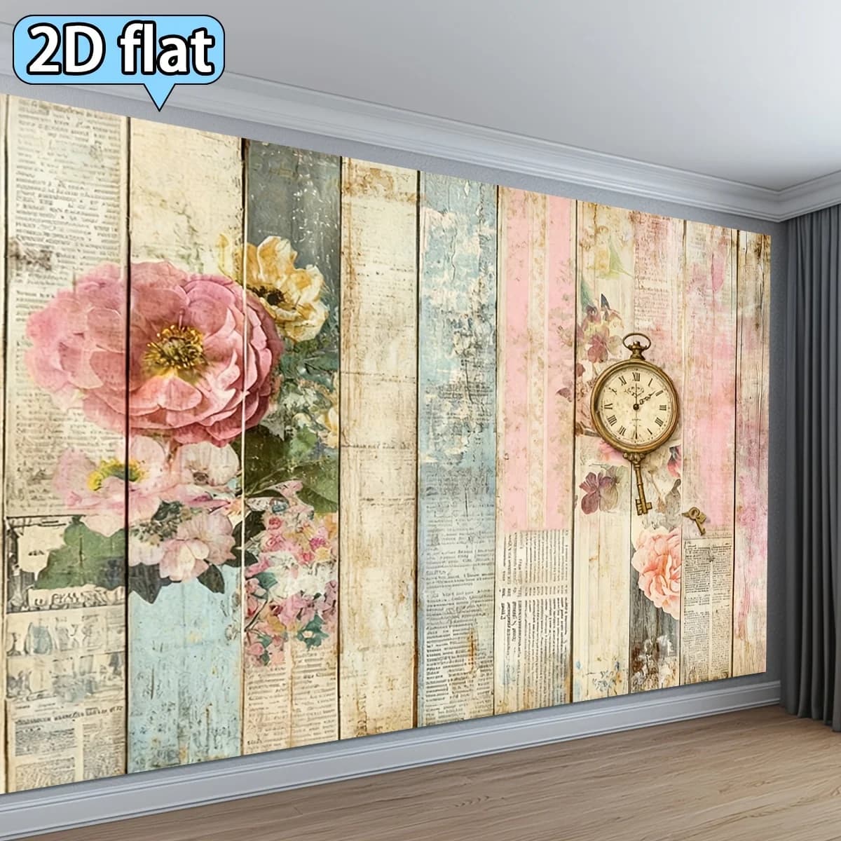 Vintage Floral Tapestry Wall Art Peony Rose Paper Document Background Aesthetic Mural Scroll Deco Grunge Clock Boho Chic Living